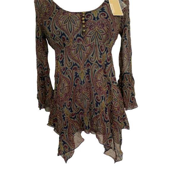 Michael Kors Womens Blouse Small Brown Midnight Paisley Taupe Silk Bell Sleeve - Picture 8 of 12